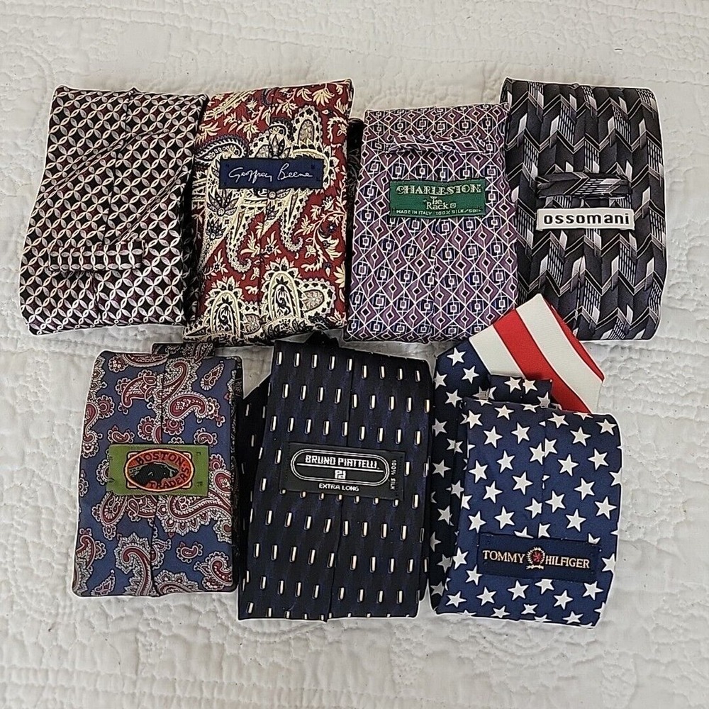 LOT‎ OF 7 Men's Ties Various Brands Tommy Hilfiger Ossomani Patriotic